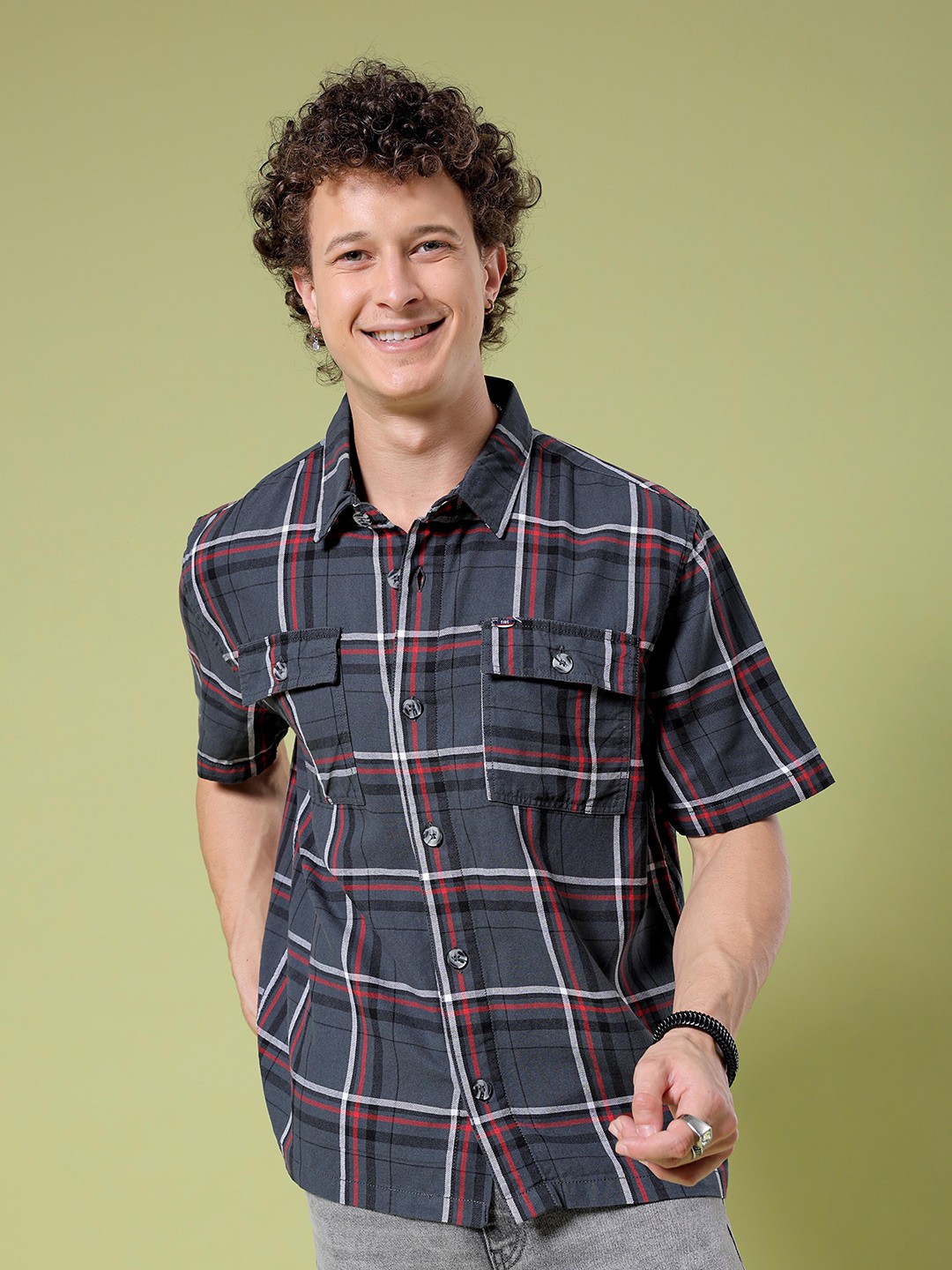 

The Indian Garage Co Boxy Windowpane Checks Opaque Twill Cotton Casual Shirt, Grey