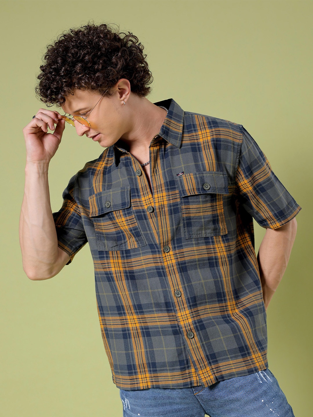 

The Indian Garage Co Boxy Checked Opaque Twill Cotton Casual Shirt, Olive