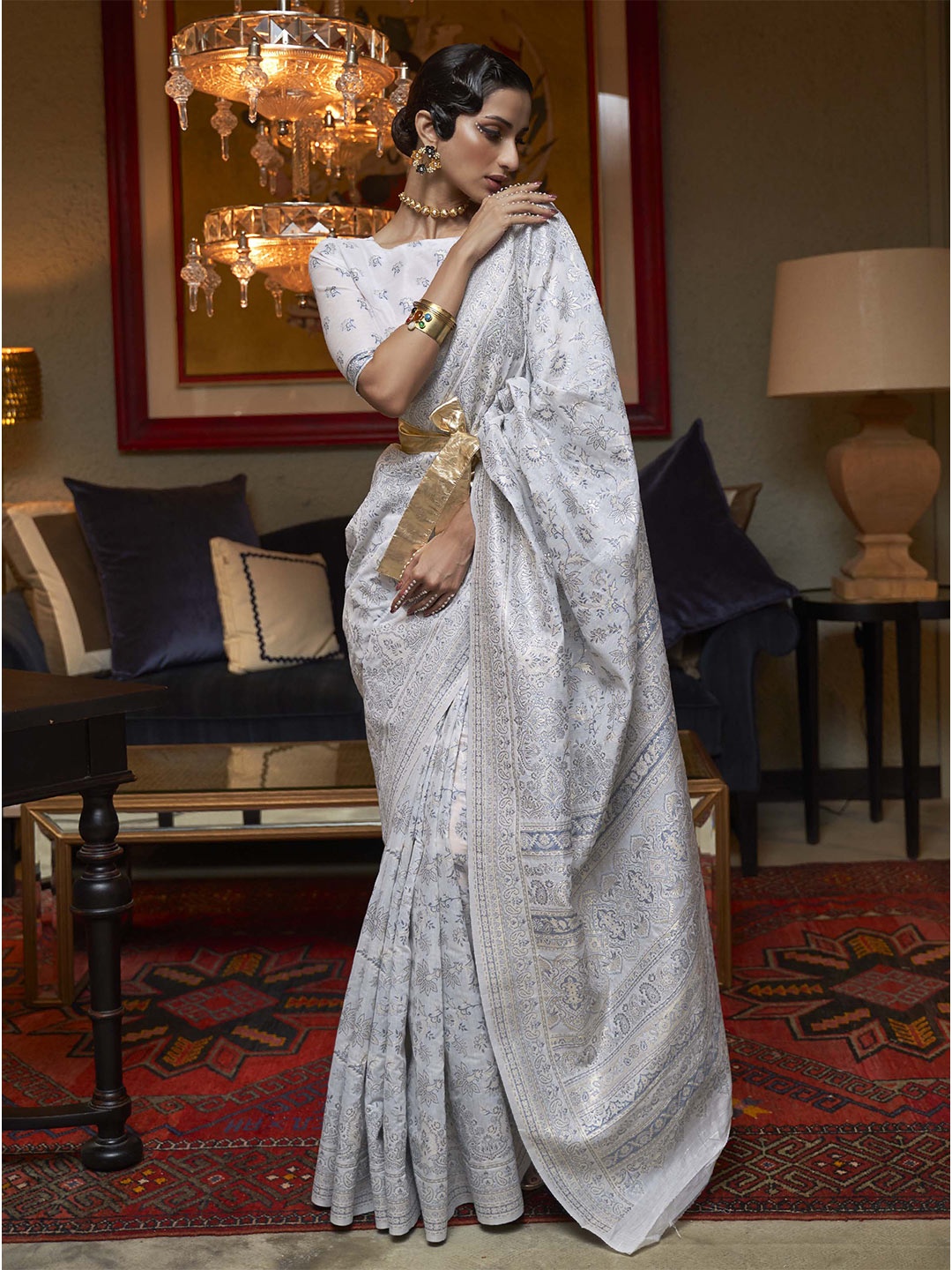 

Mitera White & Grey Ethnic Motifs Woven Design Saree