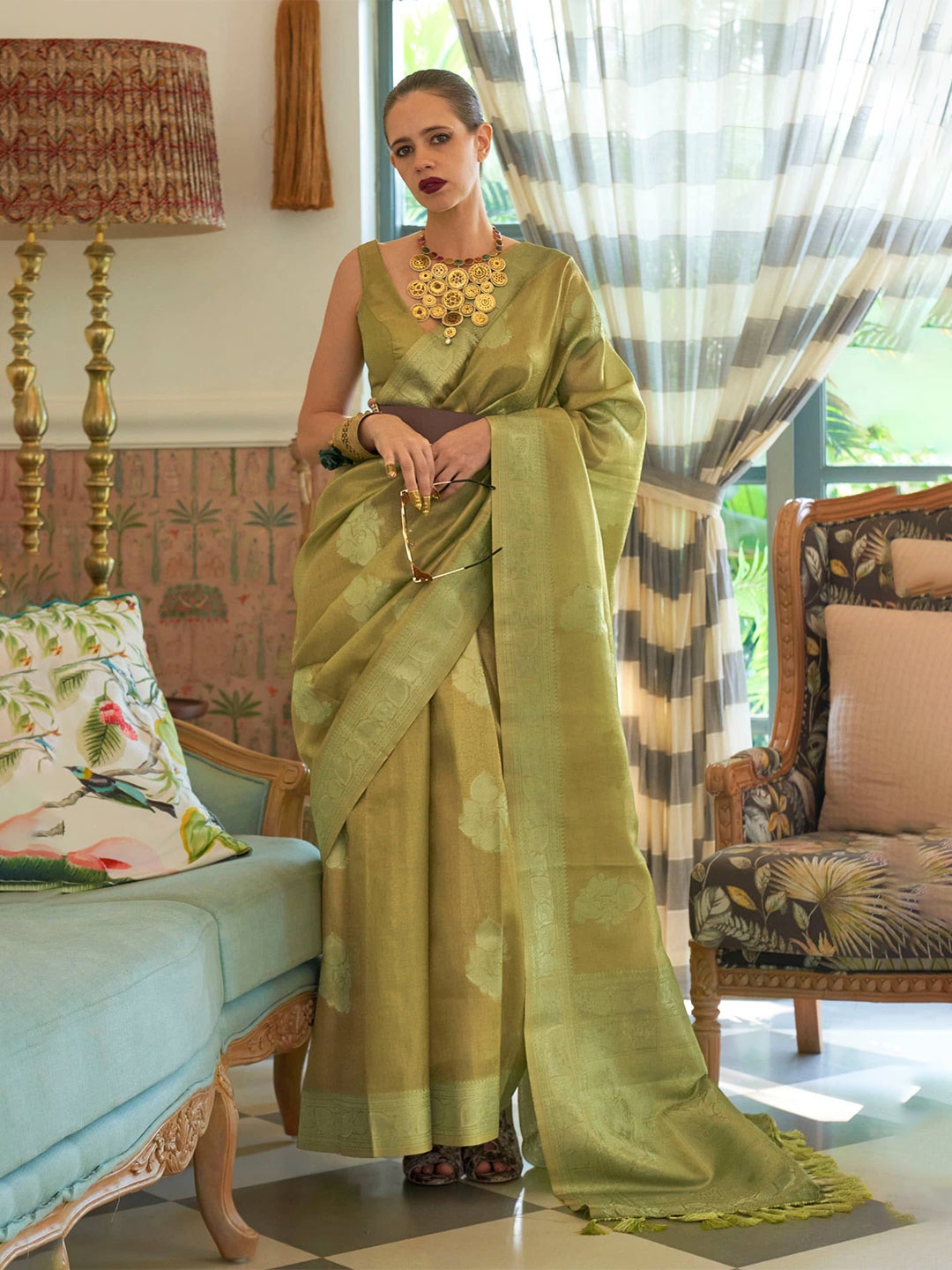 

Mitera Floral Zari Satin Saree, Green