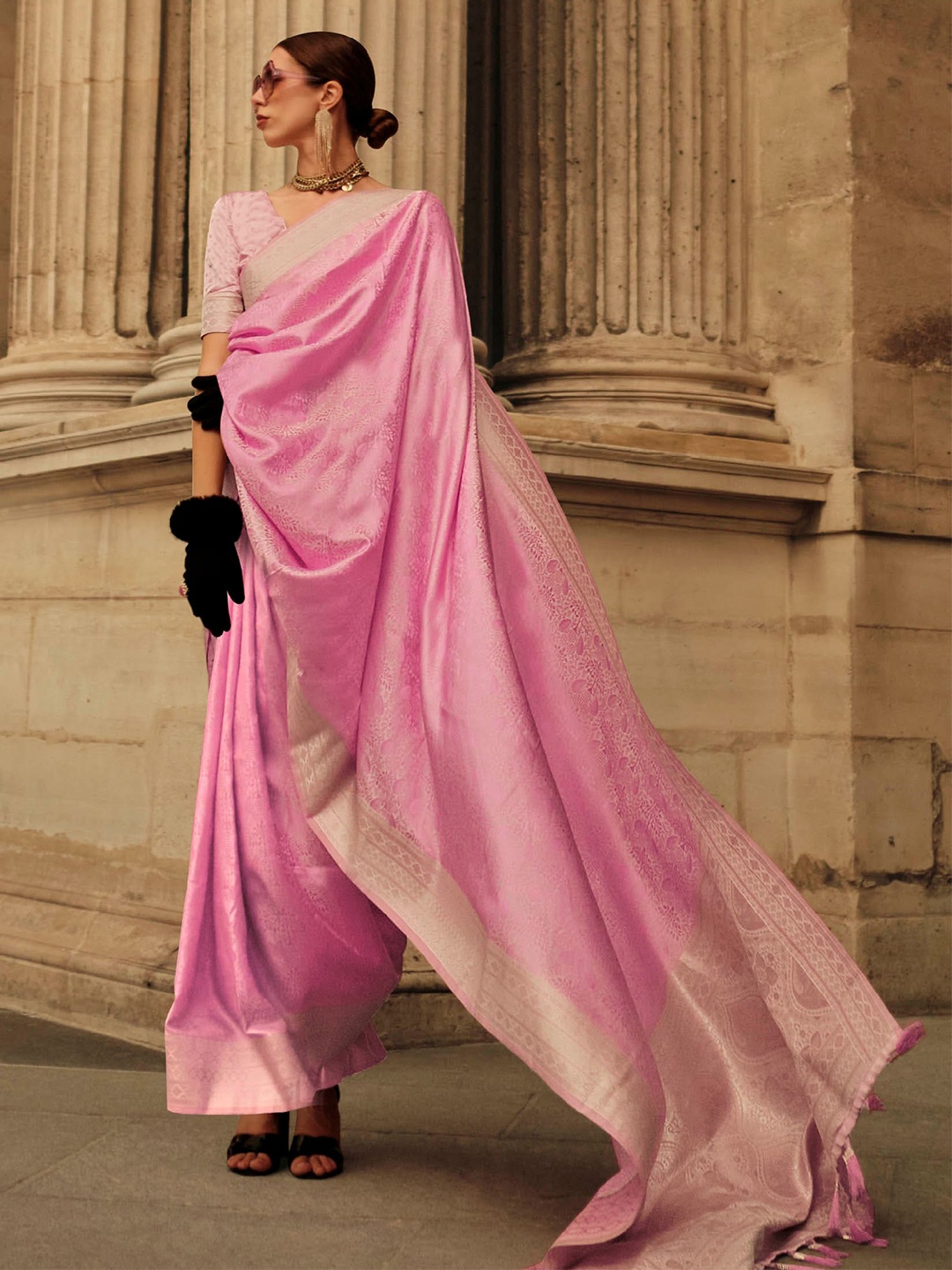 

Mitera Pink & Gold toned Woven Design Zari Satin Saree