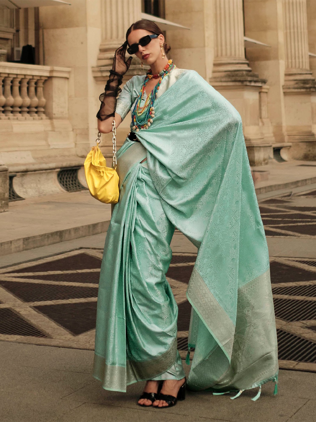 

Mitera Floral Woven Design Zari Satin Saree, Sea green