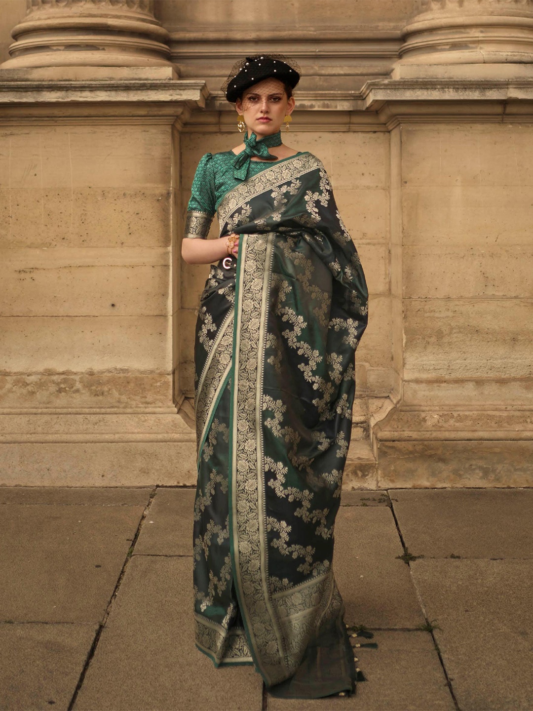 

Mitera Green & Gold toned Floral Zari Satin Saree