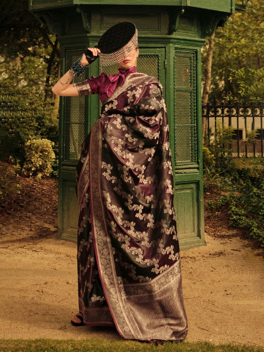 

Mitera Coffee Brown & Gold toned Floral Zari Satin Saree
