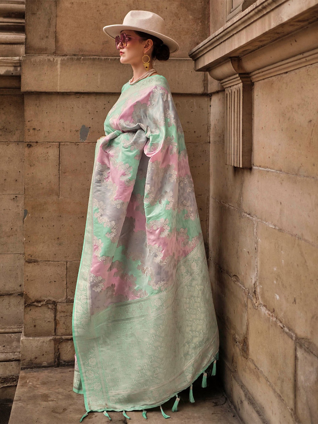 

Mitera Green & Pink Floral Zari Satin Saree
