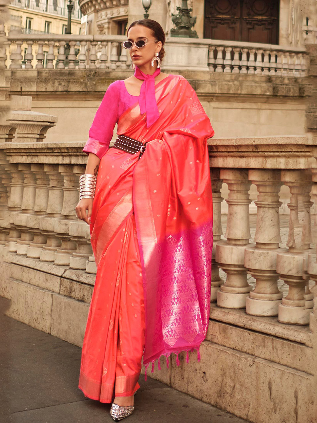 

Mitera Orange & Pink Floral Zari Saree