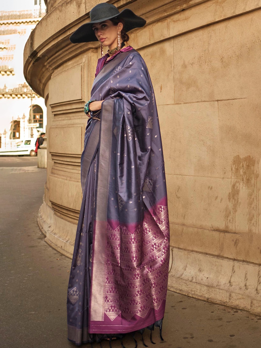

Mitera Grey & Purple Floral Zari Saree