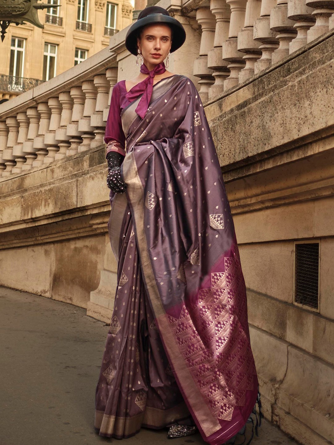 

Mitera Brown & Purple Floral Zari Saree