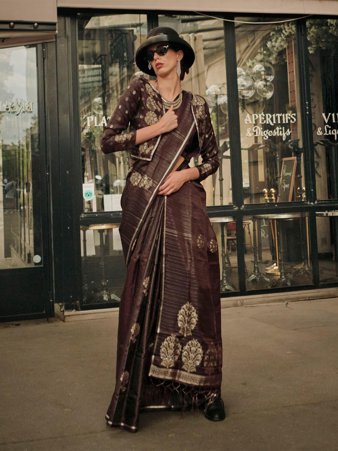 

Mitera Coffee Brown & Gold toned Floral Zari Satin Saree