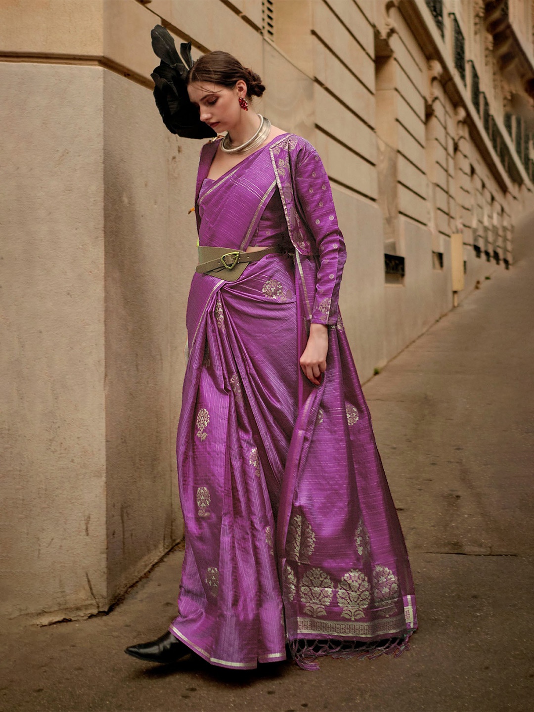 

Mitera Magenta & Gold toned Floral Zari Satin Saree