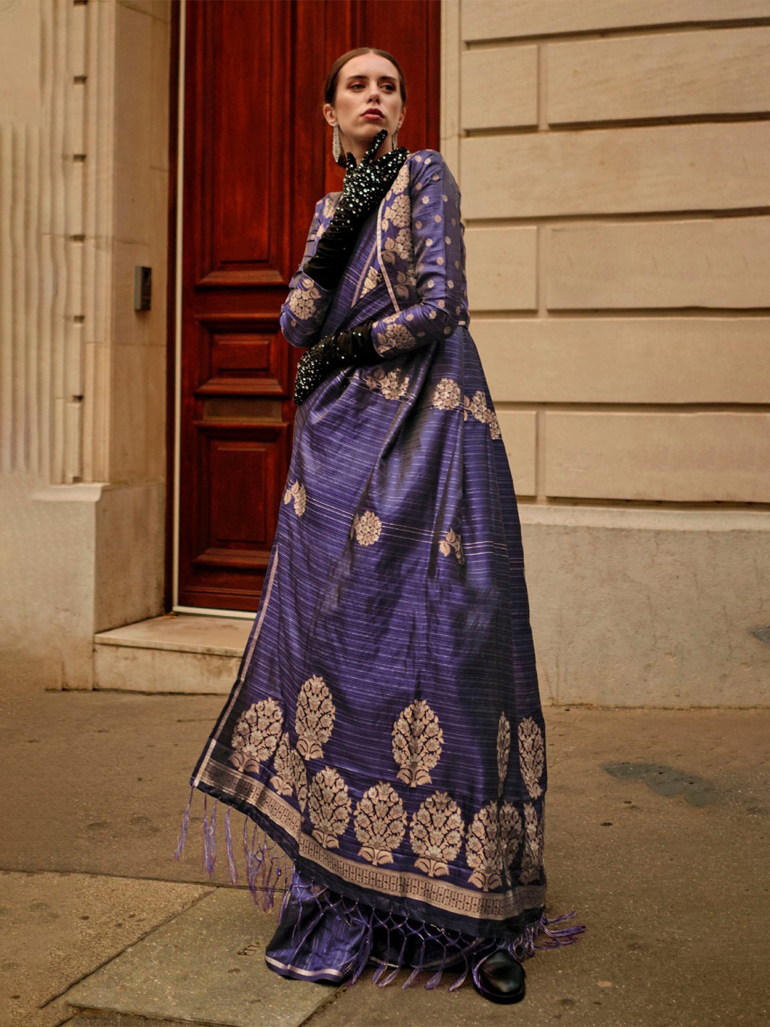 

Mitera Navy Blue & Gold toned Floral Zari Satin Saree