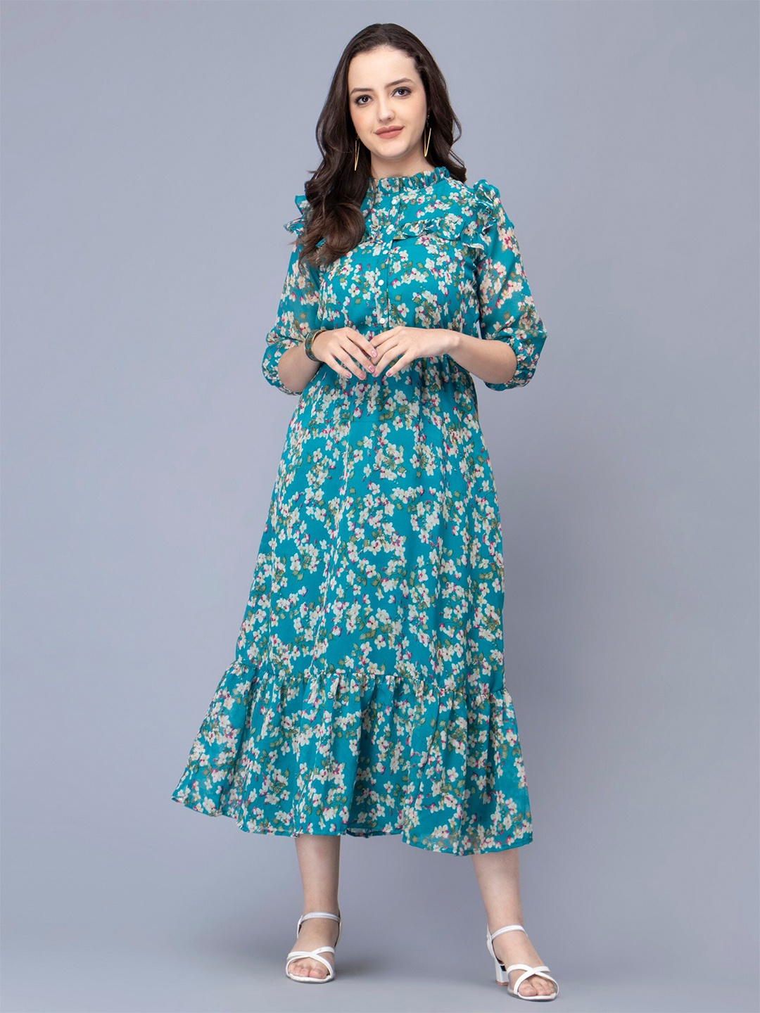 

Sipsew Floral Printed Puff Sleeve Georgette Tiered A-Line Midi Dress, Turquoise blue