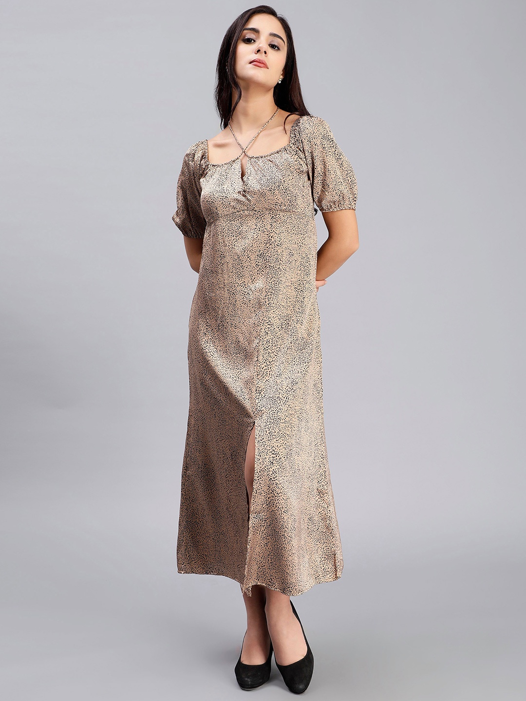 

Sipsew Animal Printed Tie-Ups Flared Maxi Dress, Camel brown