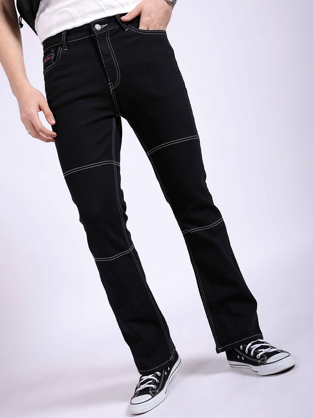 

The Indian Garage Co Men Bootcut Contrast Stitch Mid Rise Cotton Jeans, Black