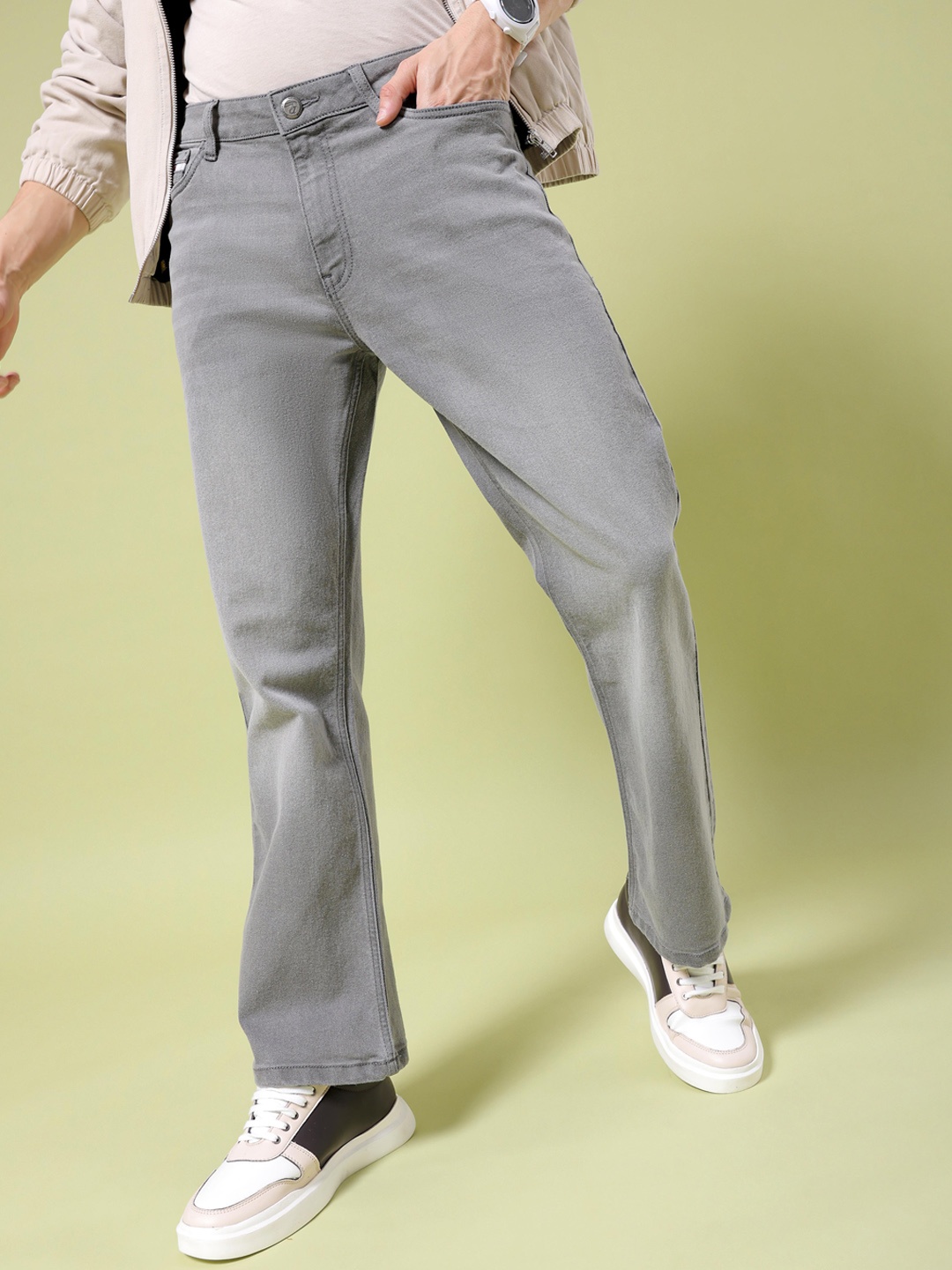 

The Indian Garage Co Men Bootcut Mid Rise Light Fade Cotton Jeans, Grey