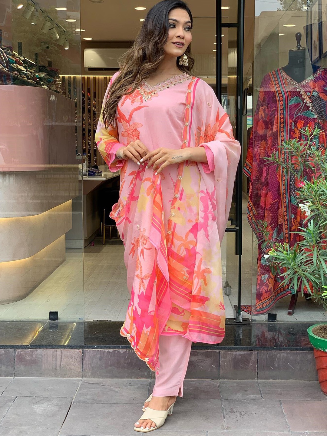 

KALINI Floral Printed Sequinned Kurta with Trousers & Dupatta, Pink