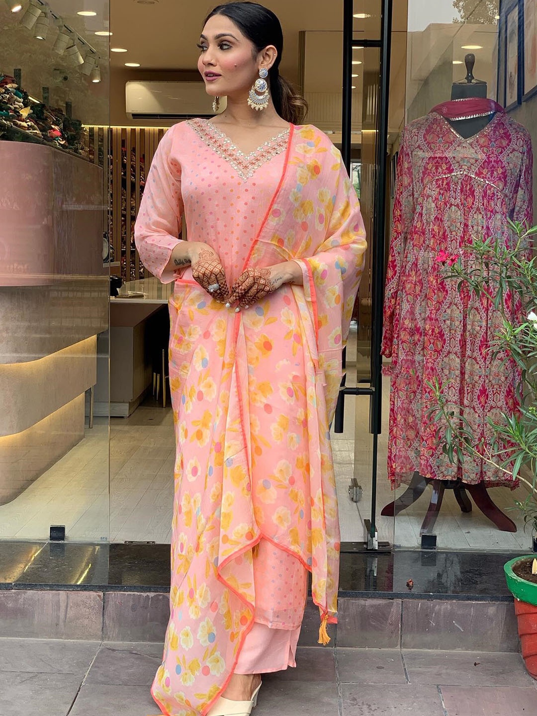 

KALINI Geometric Printed Sequinned Kurta & Trousers With Dupatta, Rose