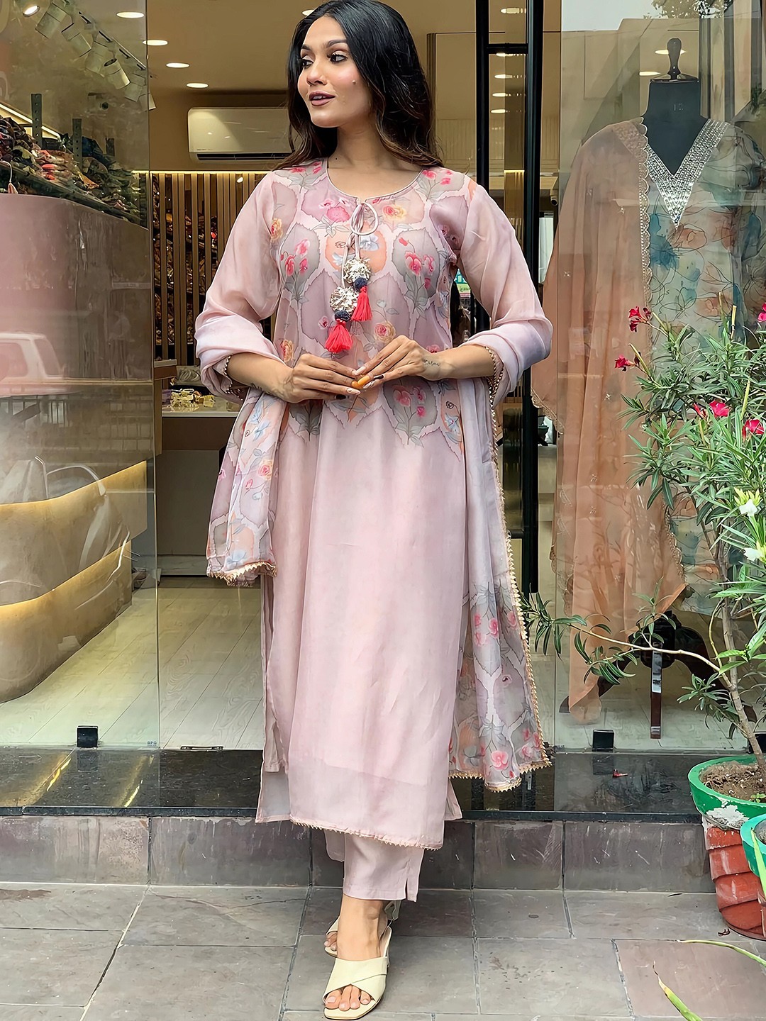 

KALINI Floral Printed Kurta & Trousers With Dupatta, Rose