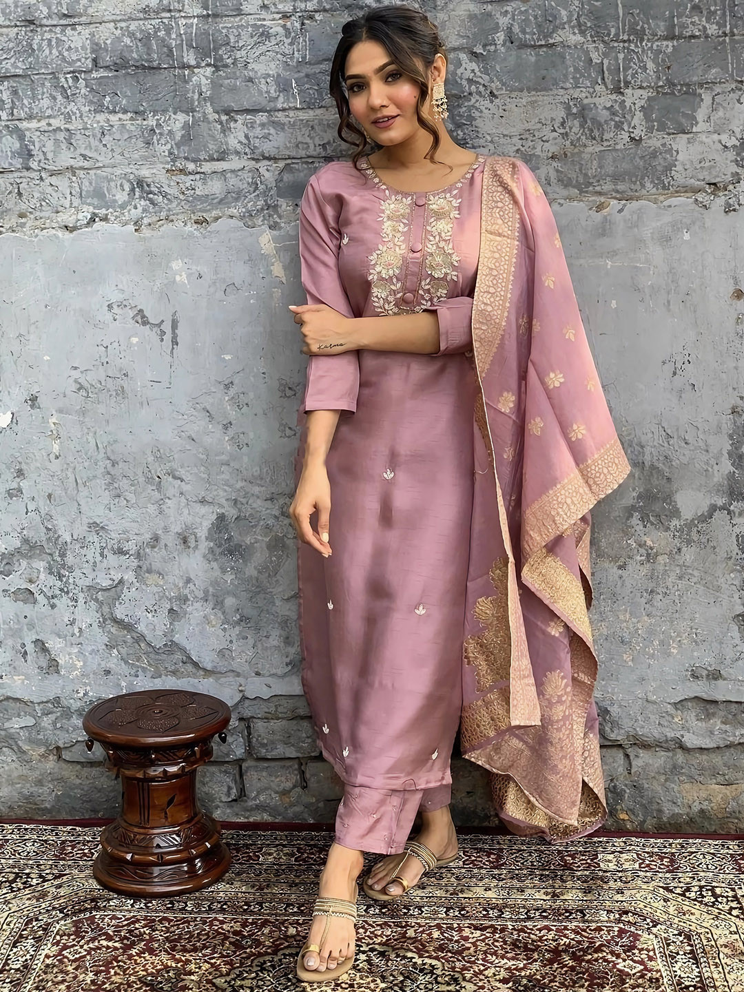 

KALINI Floral Embroidered Sequinned Kurta & Trousers With Dupatta, Rose