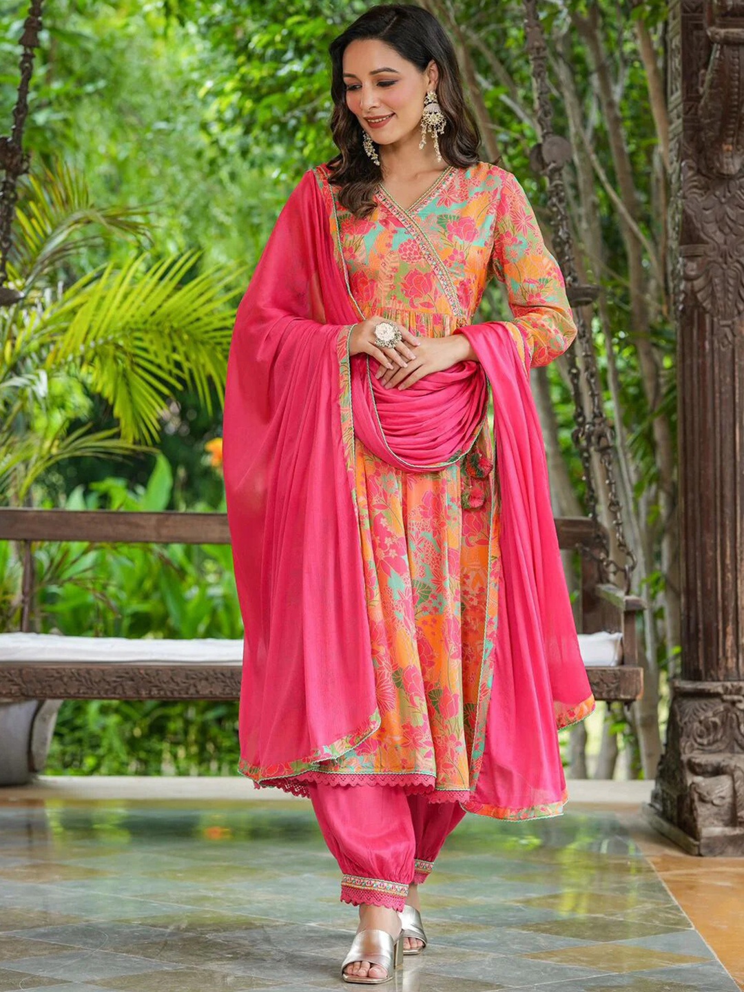 

KALINI Floral Printed Angrakha Mirror Work Kurta & Trousers With Dupatta, Pink