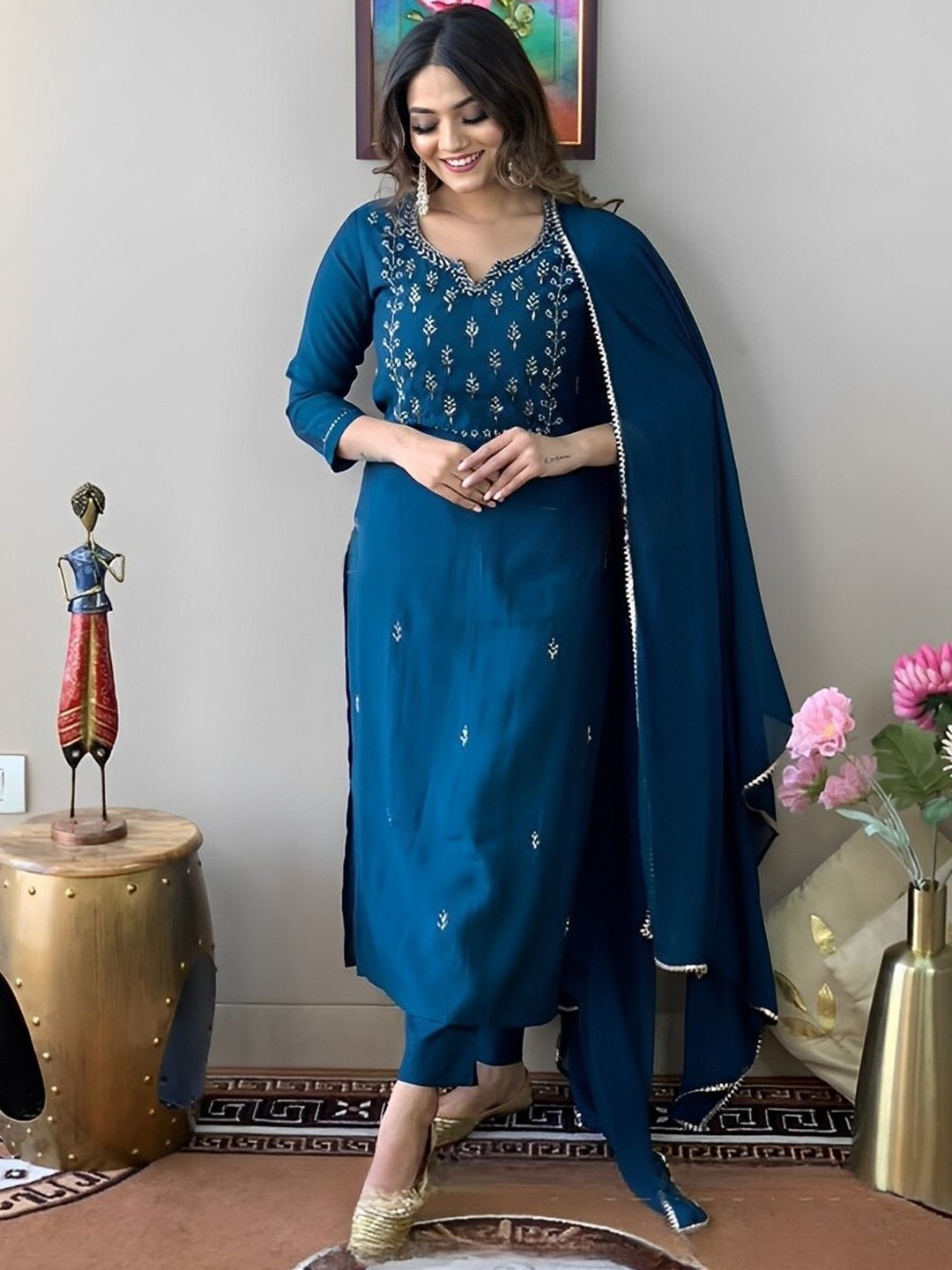 

KALINI Ethnic Motifs Embroidered Kurta with Trousers & Dupatta, Navy blue