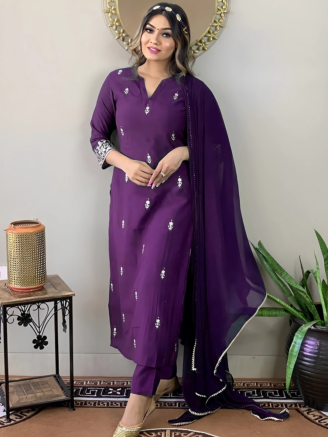 

KALINI Floral Embroidered Thread Work Kurta & Trousers With Dupatta, Purple