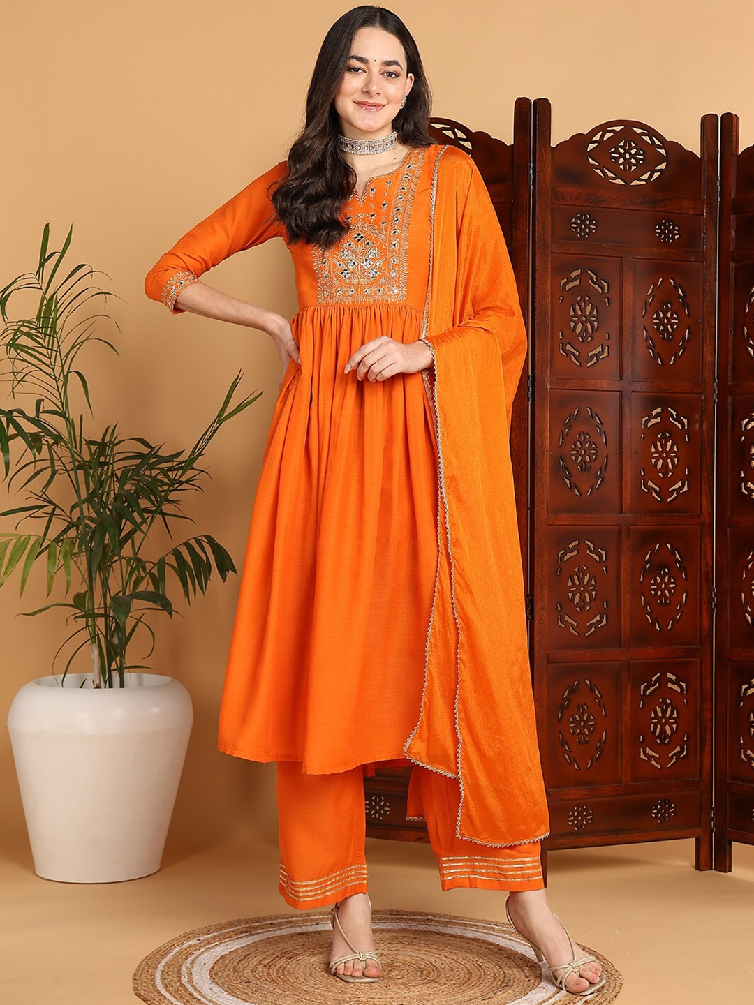 

AHIKA Yoke Design Empire A-Line Kurta With Trousers & Dupatta, Orange