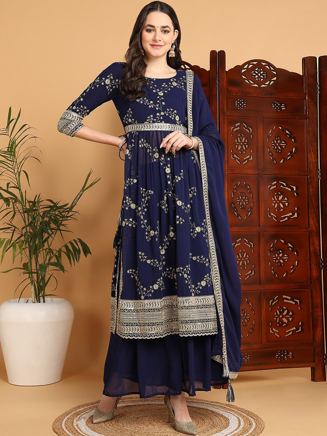 

AHIKA Women Floral Embroidered Empire Kurta with Palazzos & With Dupatta, Navy blue