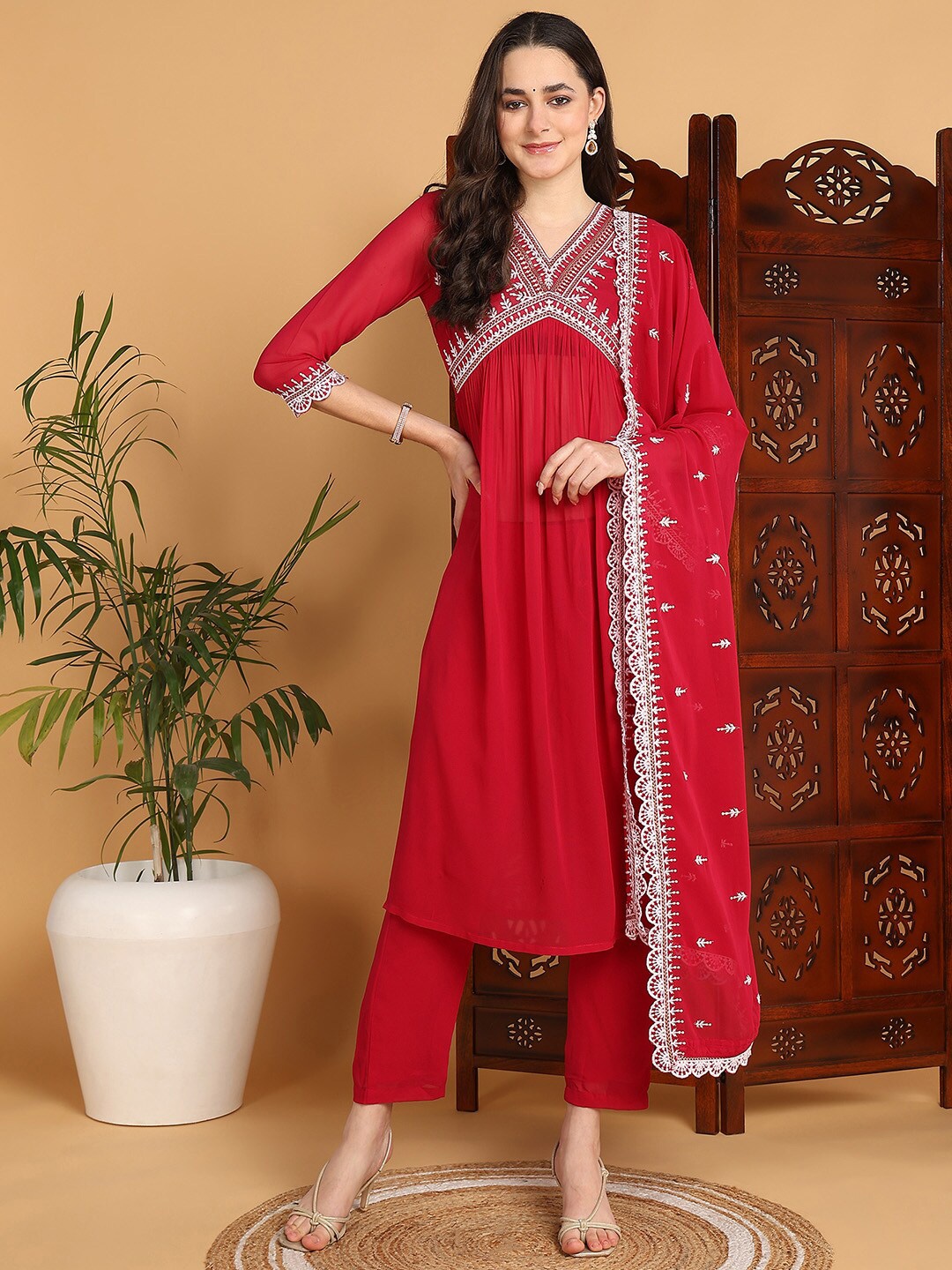 

AHIKA Floral Embroidered Empire Thread Work V-Neck A-Line Kurta with Trousers & Dupatta, Pink