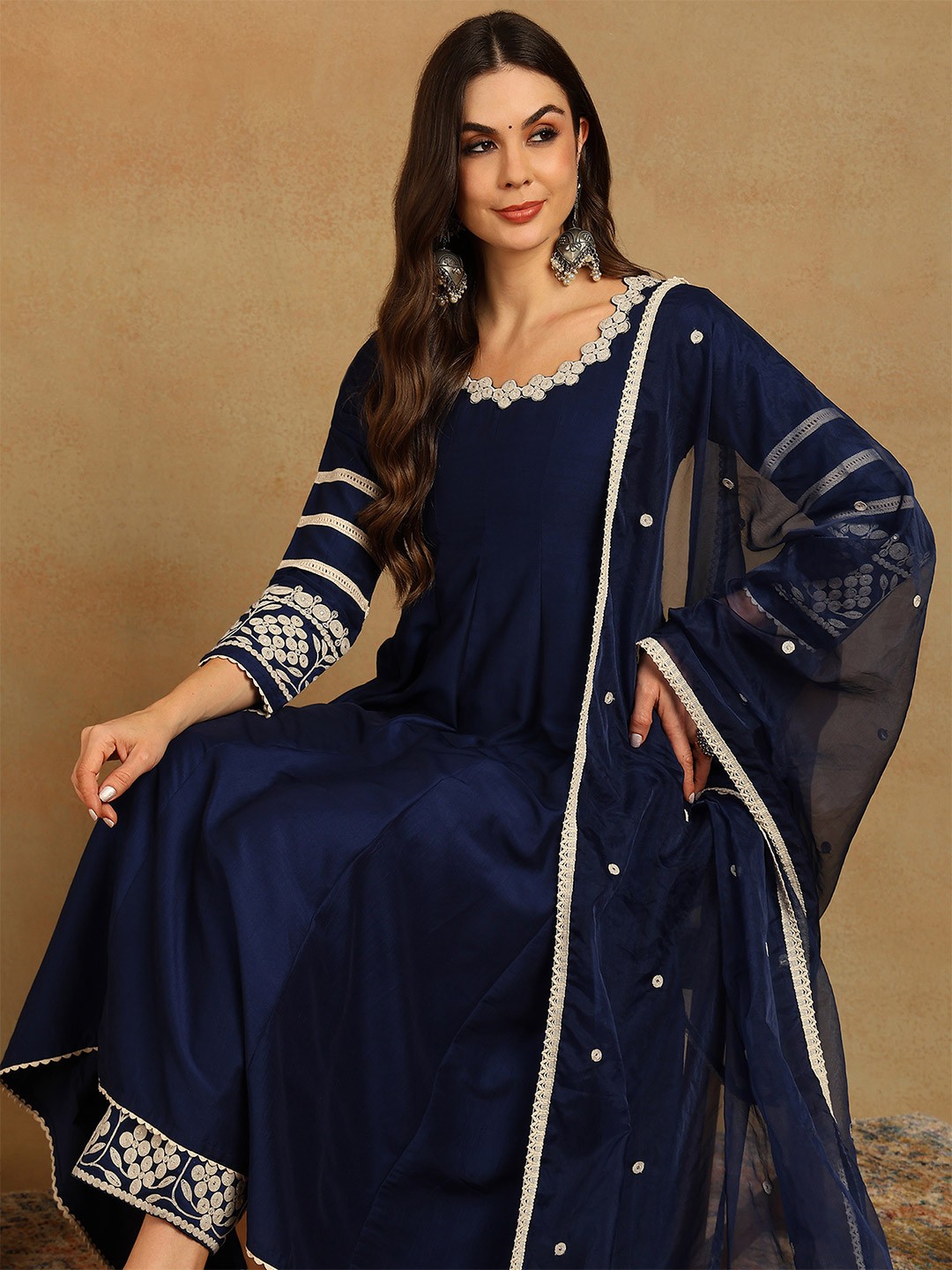 

AHIKA Empire Thread Work Round Neck Anarkali Kurta with Palazzos & Dupatta, Navy blue