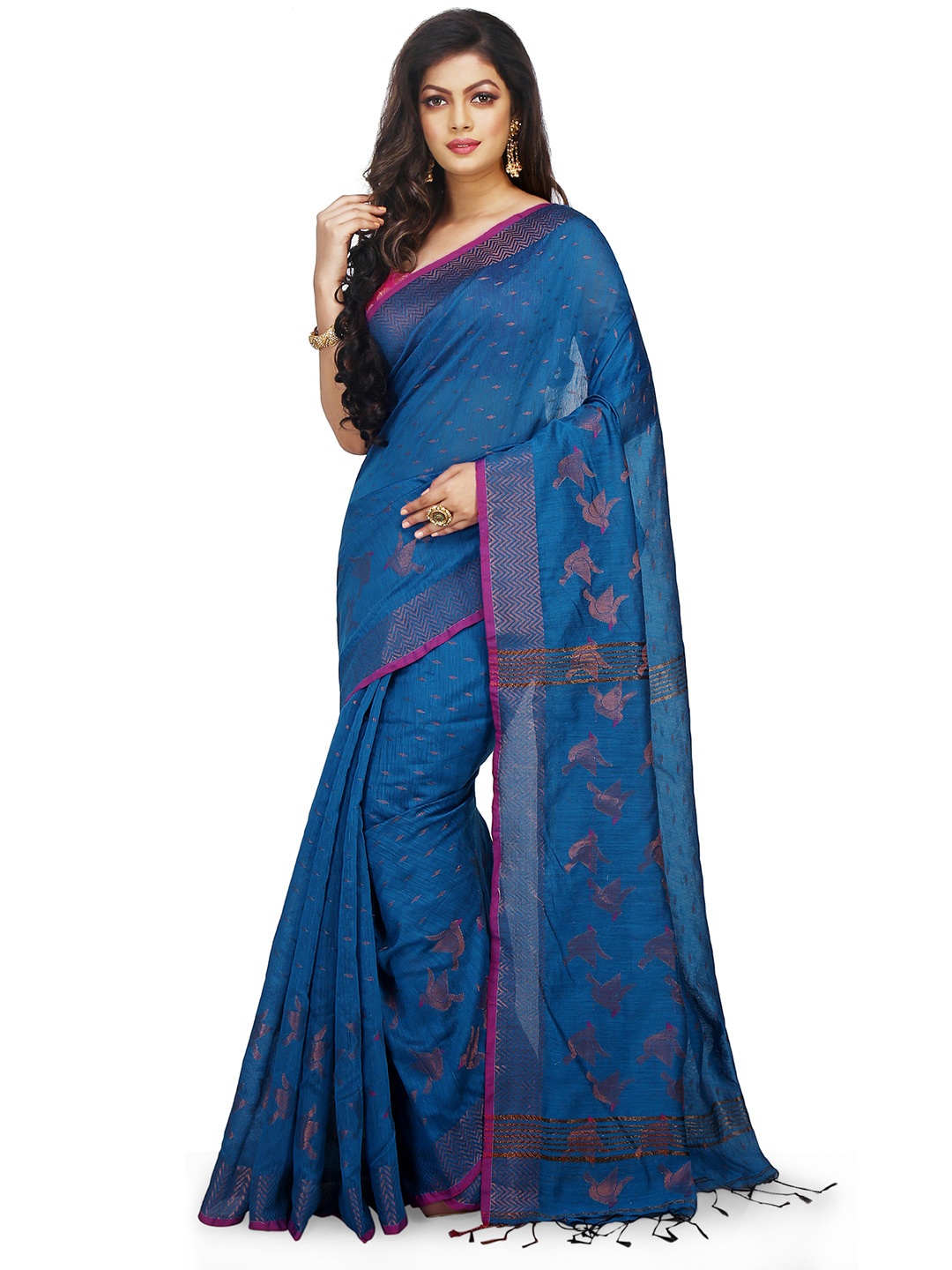 

BENGAL HANDLOOM Ethnic Motifs Woven Design Zari Art Silk Taant Saree, Turquoise blue