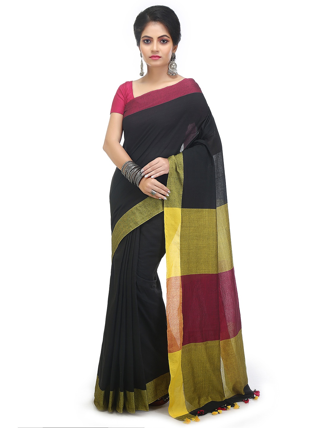 

BENGAL HANDLOOM Woven Design Art Silk Taant Saree, Black