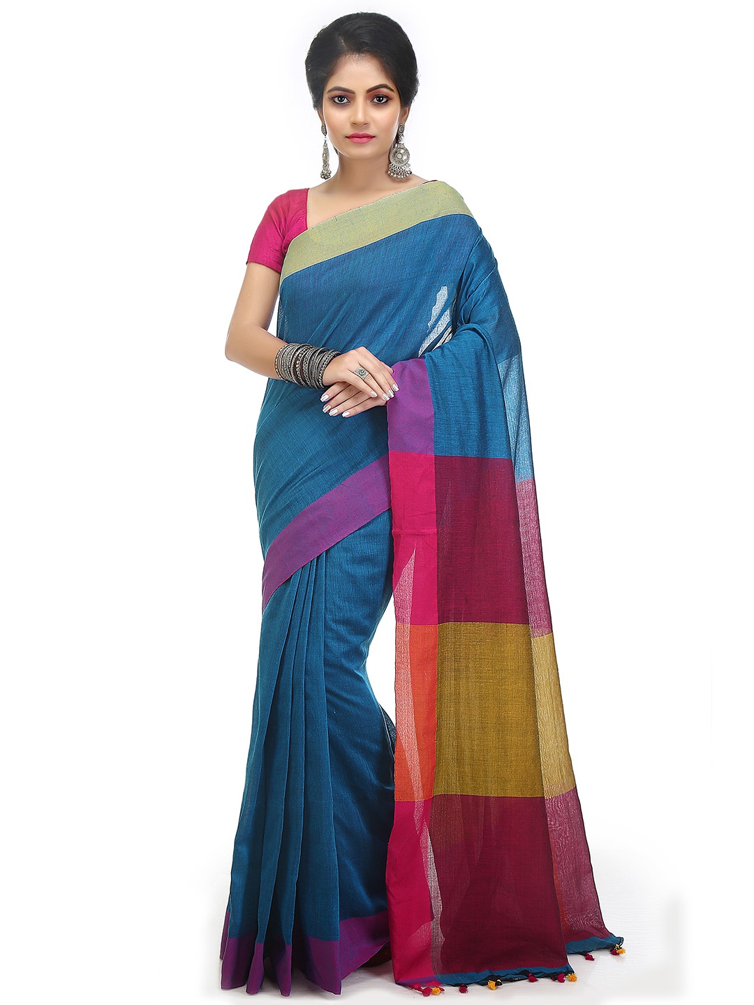 

BENGAL HANDLOOM Colourblocked Woven Design Art Silk Taant Saree, Teal