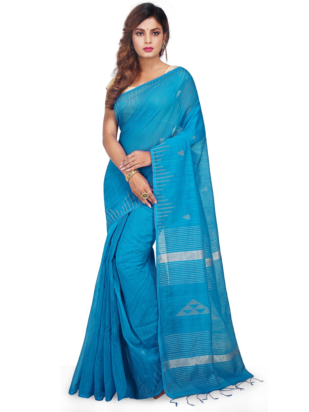 

BENGAL HANDLOOM Striped Woven Design Zari Art Silk Taant Saree, Turquoise blue