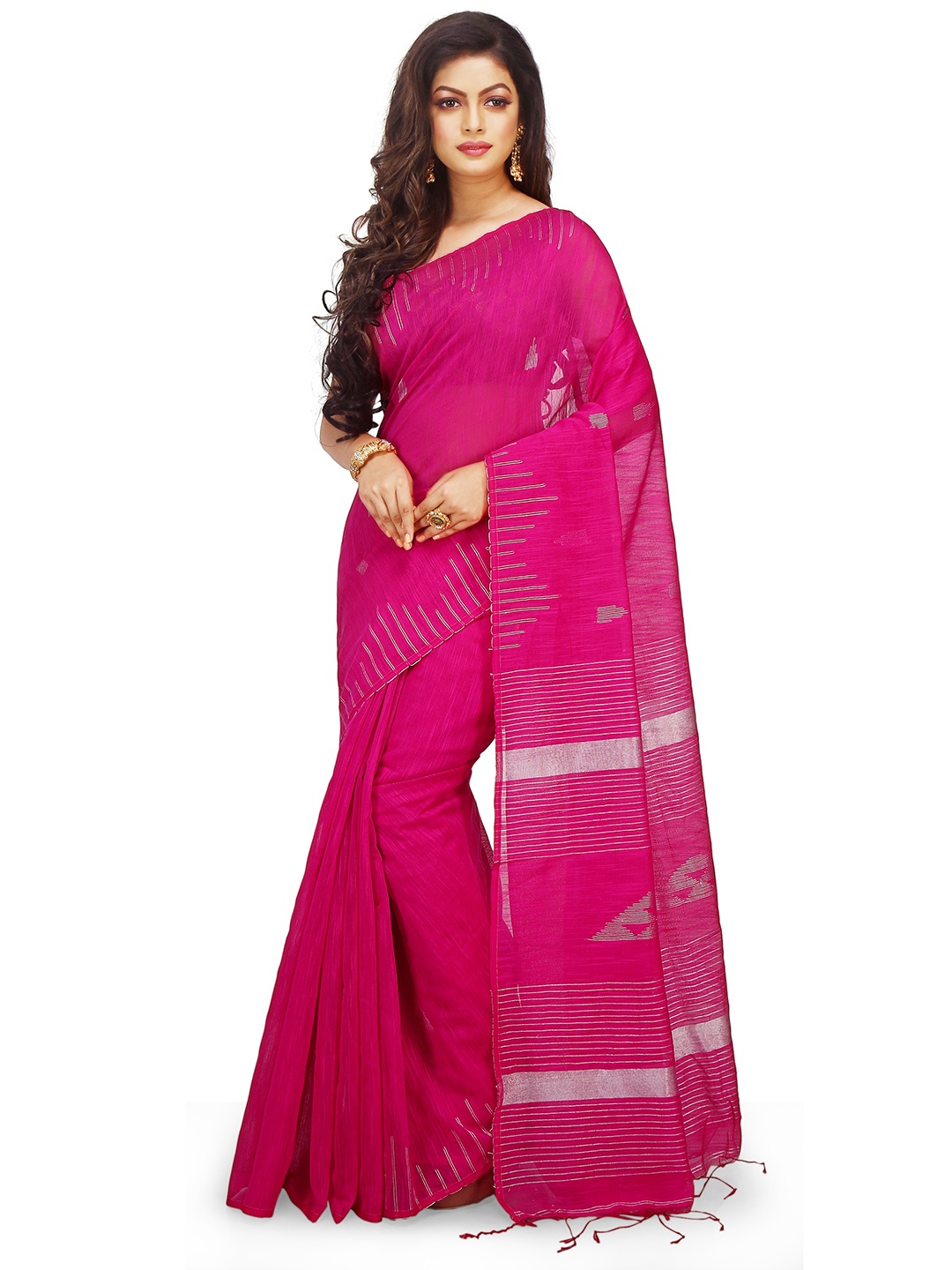 

BENGAL HANDLOOM Striped Woven Design Taant Saree, Pink