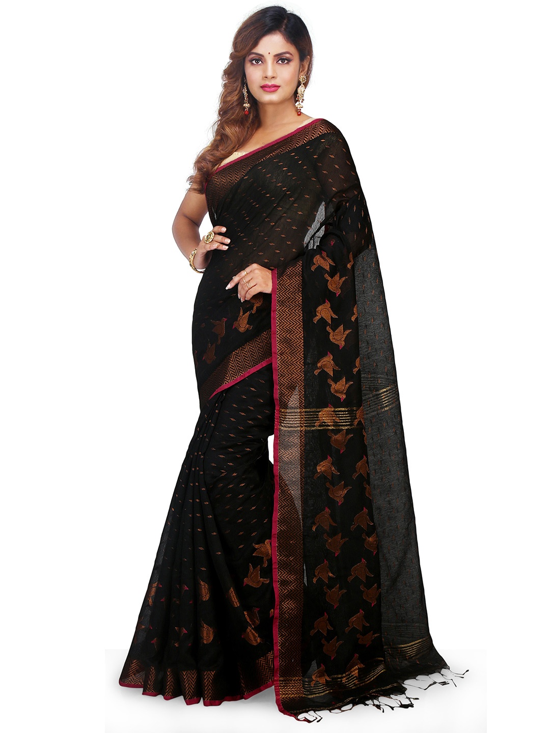 

BENGAL HANDLOOM Ethnic Motifs Woven Design Zari Taant Saree, Black