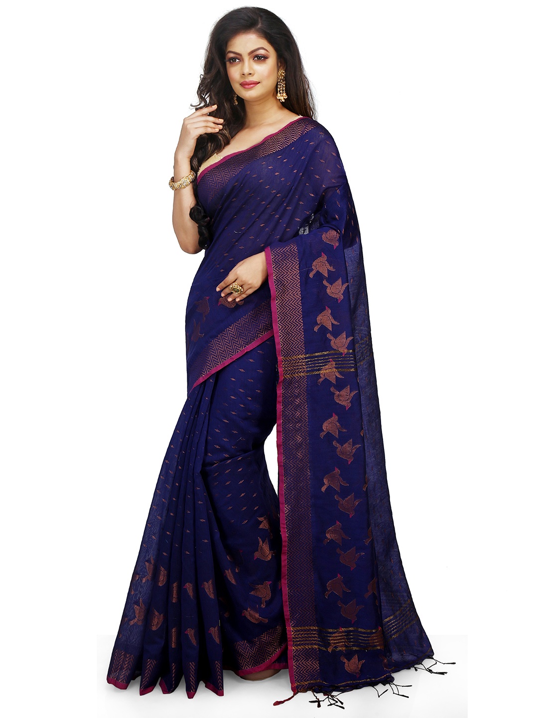 

BENGAL HANDLOOM Ethnic Motifs Woven Design Art Silk Taant Saree, Blue