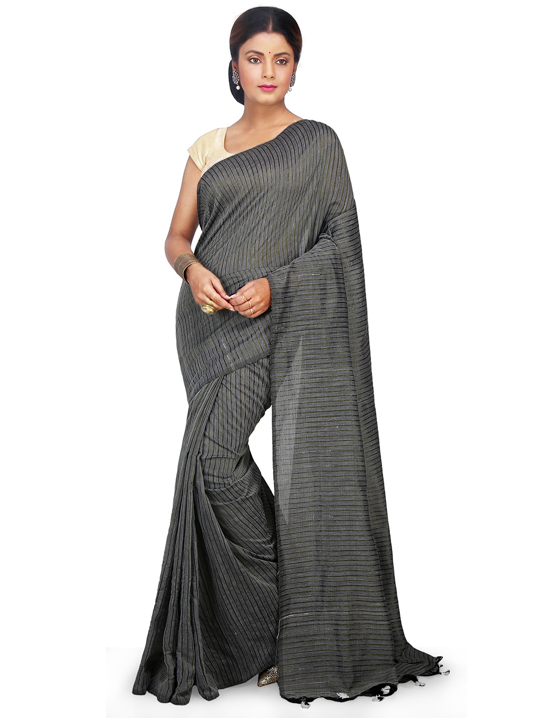 

BENGAL HANDLOOM Striped Woven Design Art Silk Taant Saree, Grey