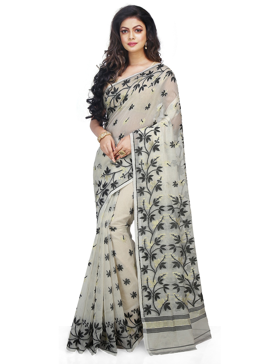 

BENGAL HANDLOOM Floral Woven Design Art Silk Jamdani Saree, White