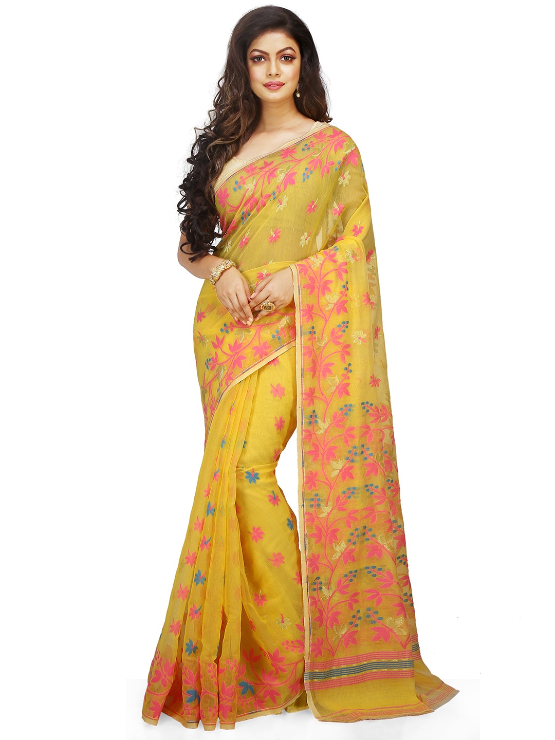 

BENGAL HANDLOOM Floral Woven Design Jamdani Saree, Yellow