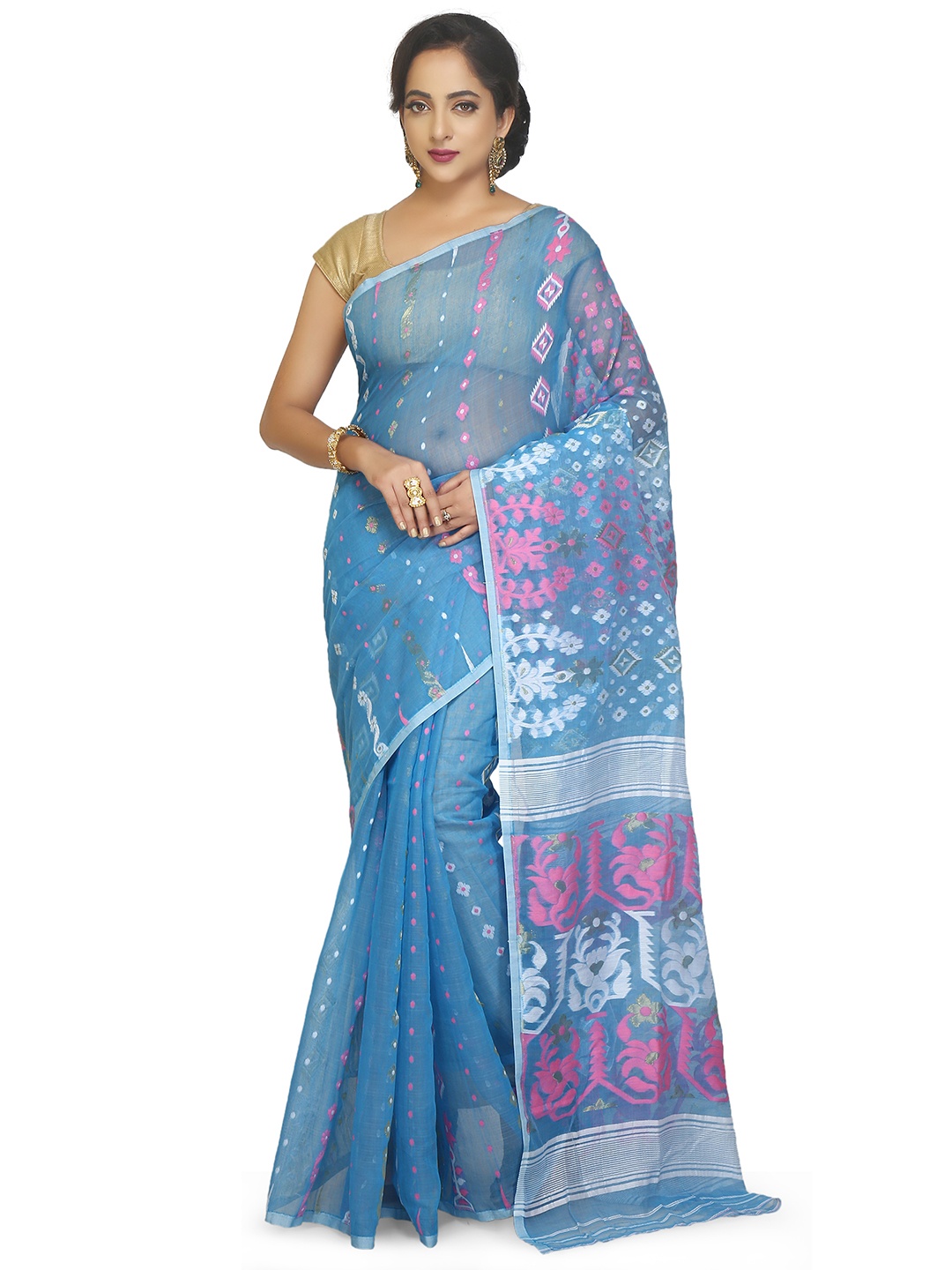

BENGAL HANDLOOM Ethnic Motifs Woven Design Jamdani Saree, Blue