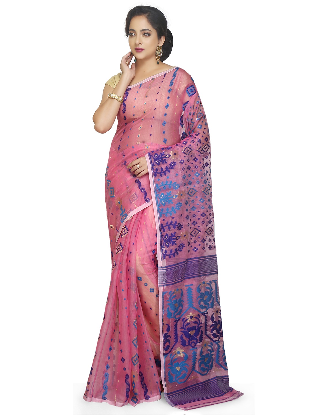 

BENGAL HANDLOOM Ethnic Motifs Woven Design Zari Art Silk Jamdani Saree, Pink