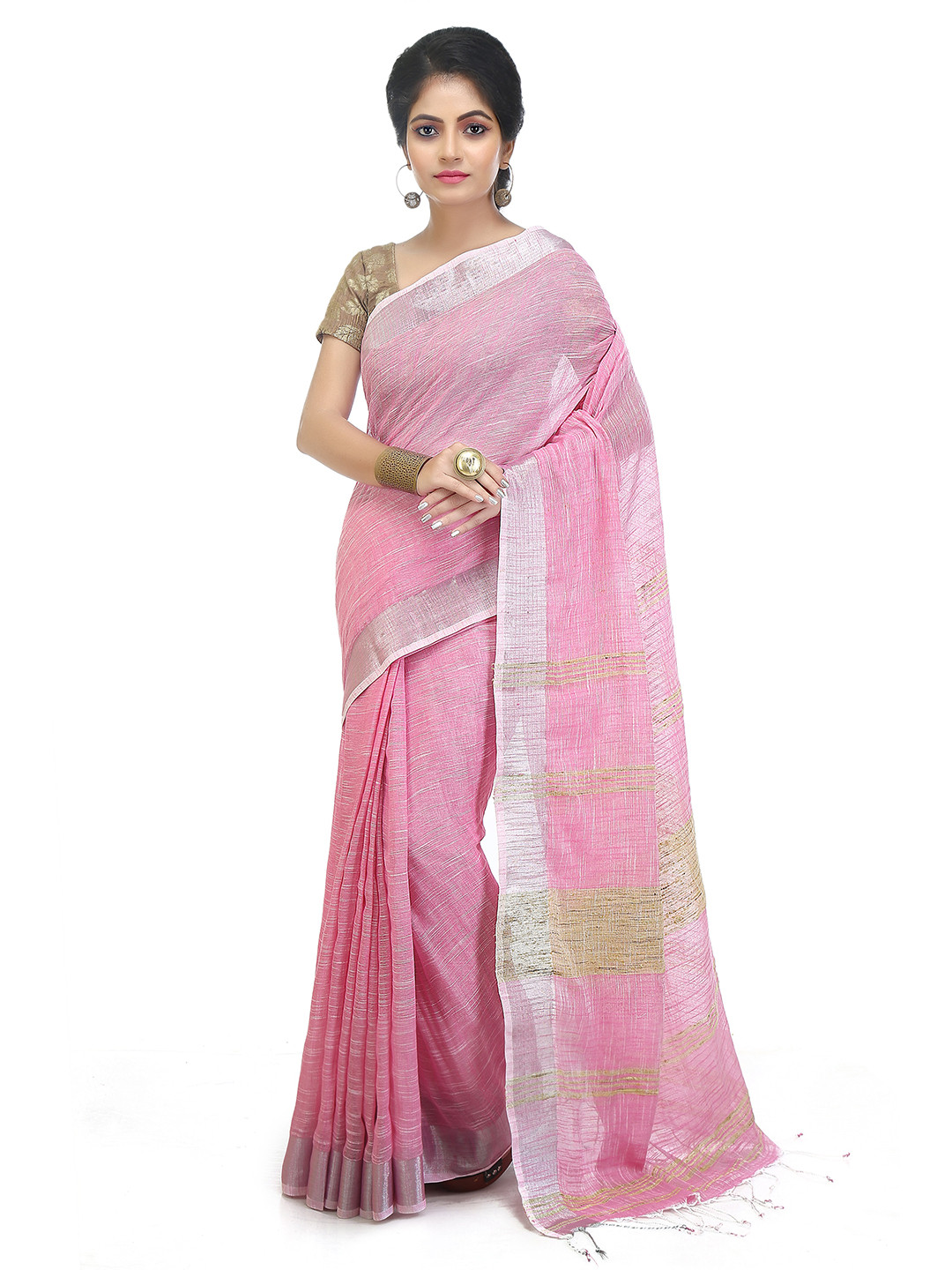 

BENGAL HANDLOOM Striped Woven Design Art Silk Taant Saree, Pink