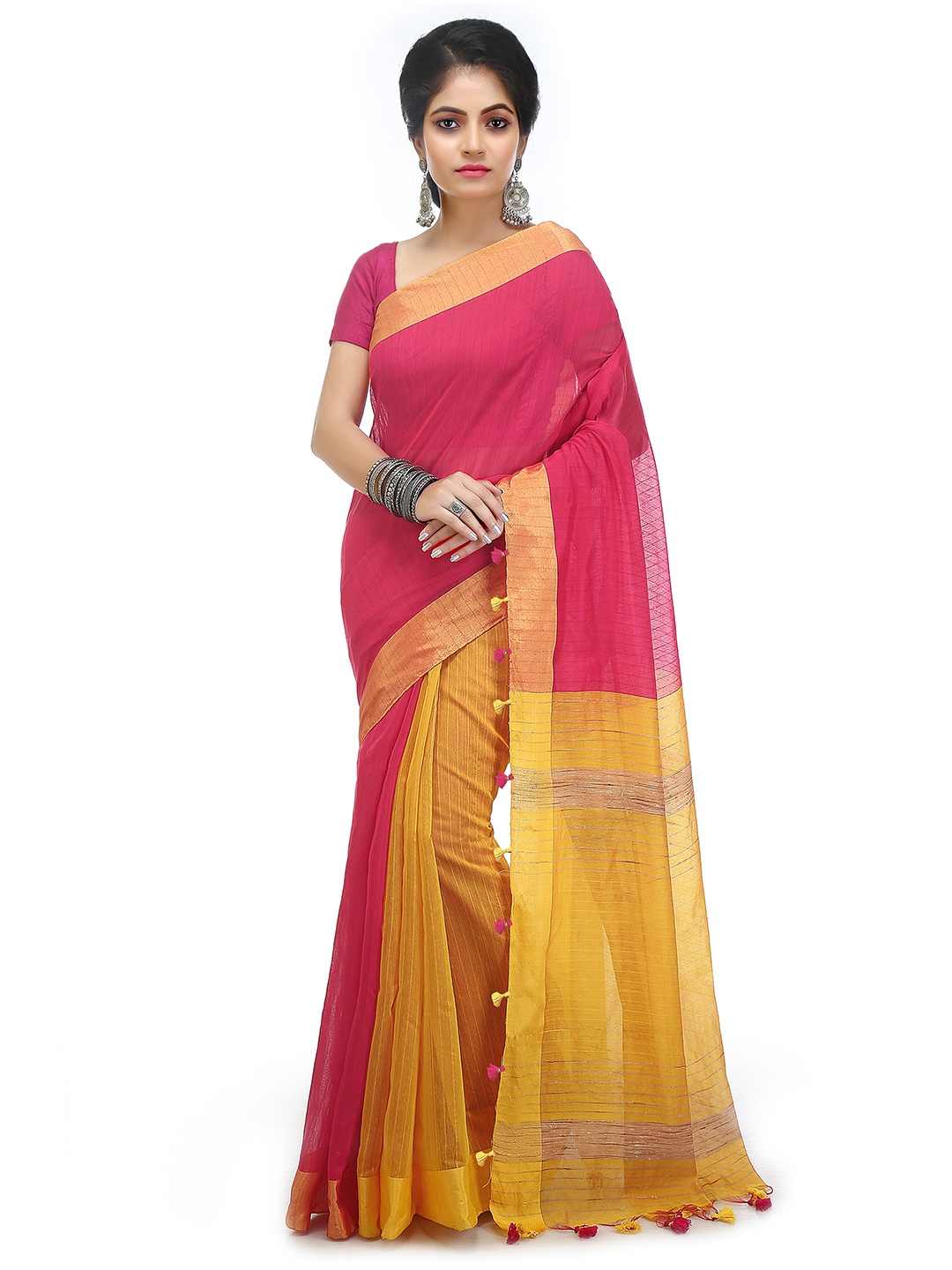 

BENGAL HANDLOOM Striped Woven Design Art Silk Taant Saree, Pink