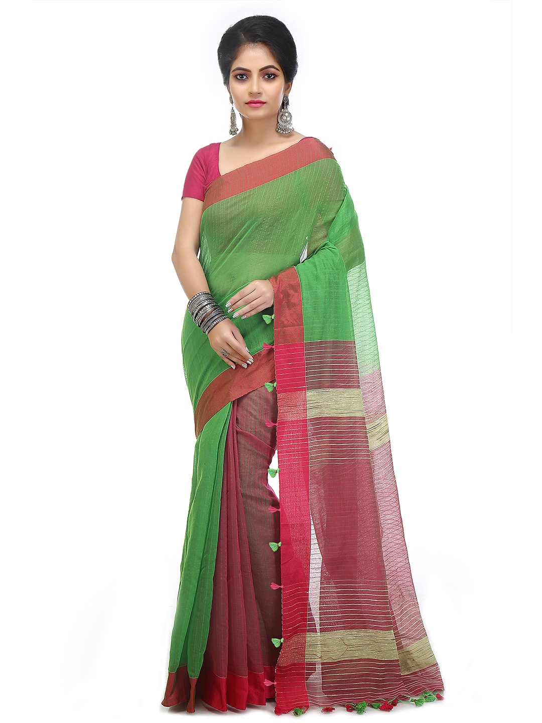 

BENGAL HANDLOOM Striped Woven Design Art Silk Taant Saree, Green