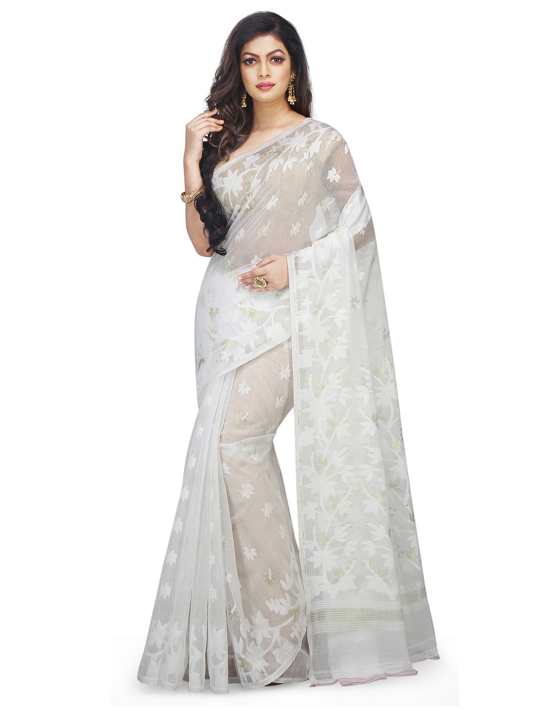 

BENGAL HANDLOOM Floral Printed Art Silk Jamdani Saree, White