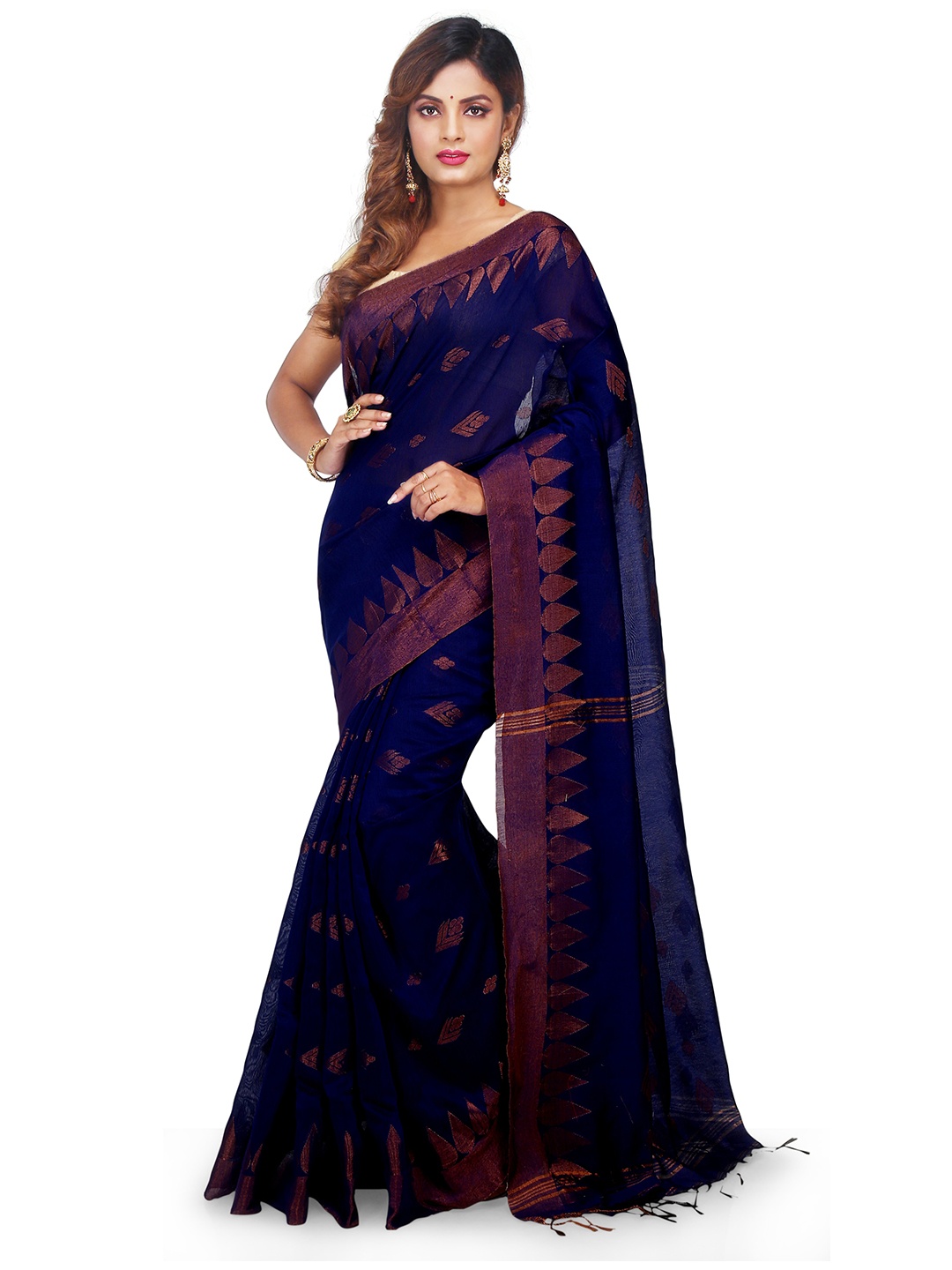 

BENGAL HANDLOOM Ethnic Motifs Woven Design Zari Taant Saree, Blue