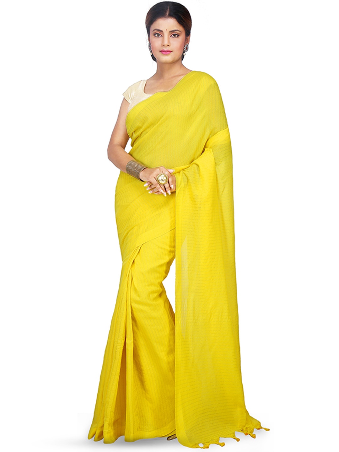 

BENGAL HANDLOOM Striped Woven Design Zari Art Silk Taant Saree, Yellow