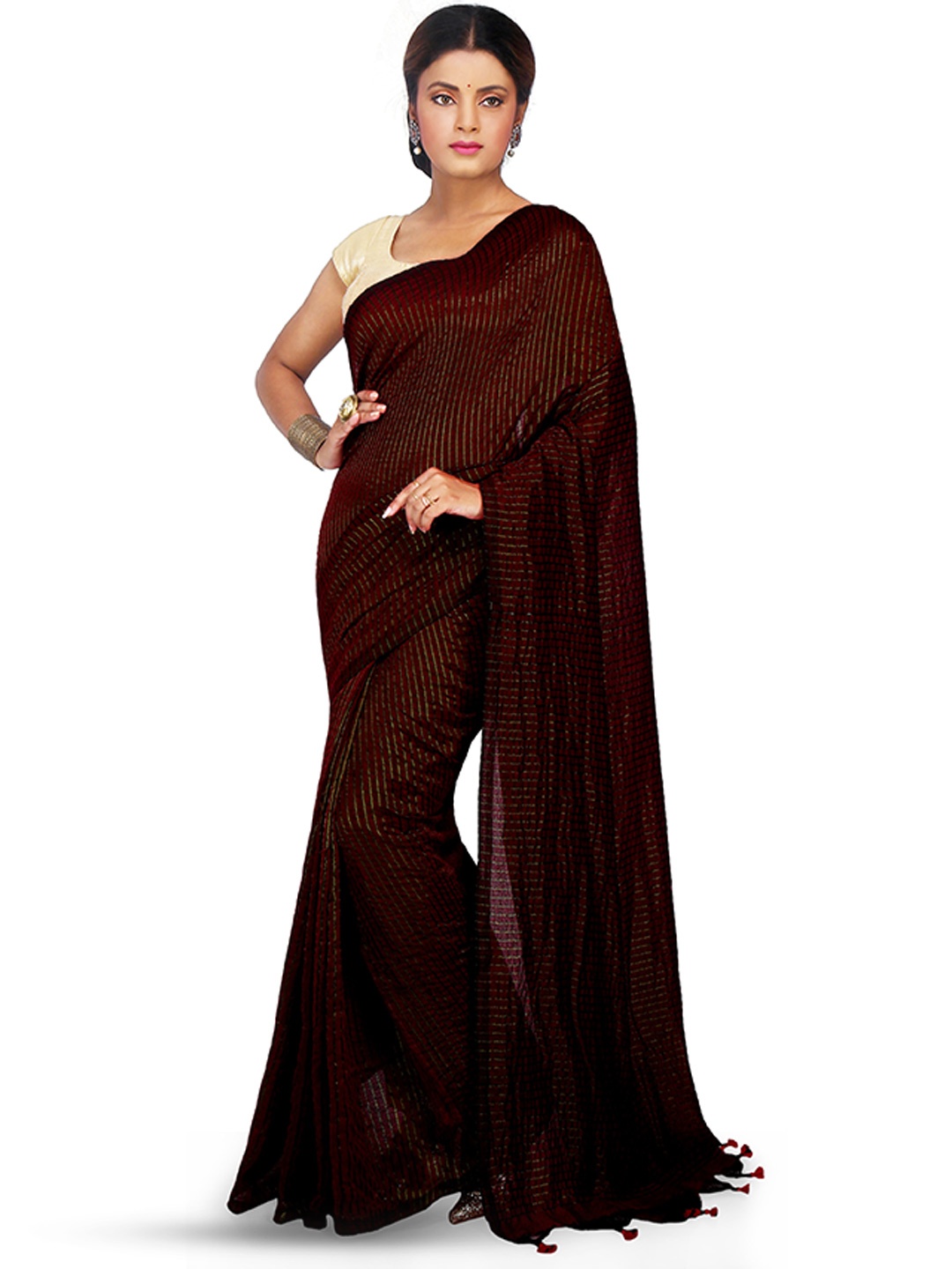 

BENGAL HANDLOOM Striped Woven Design Zari Art Silk Taant Saree, Maroon