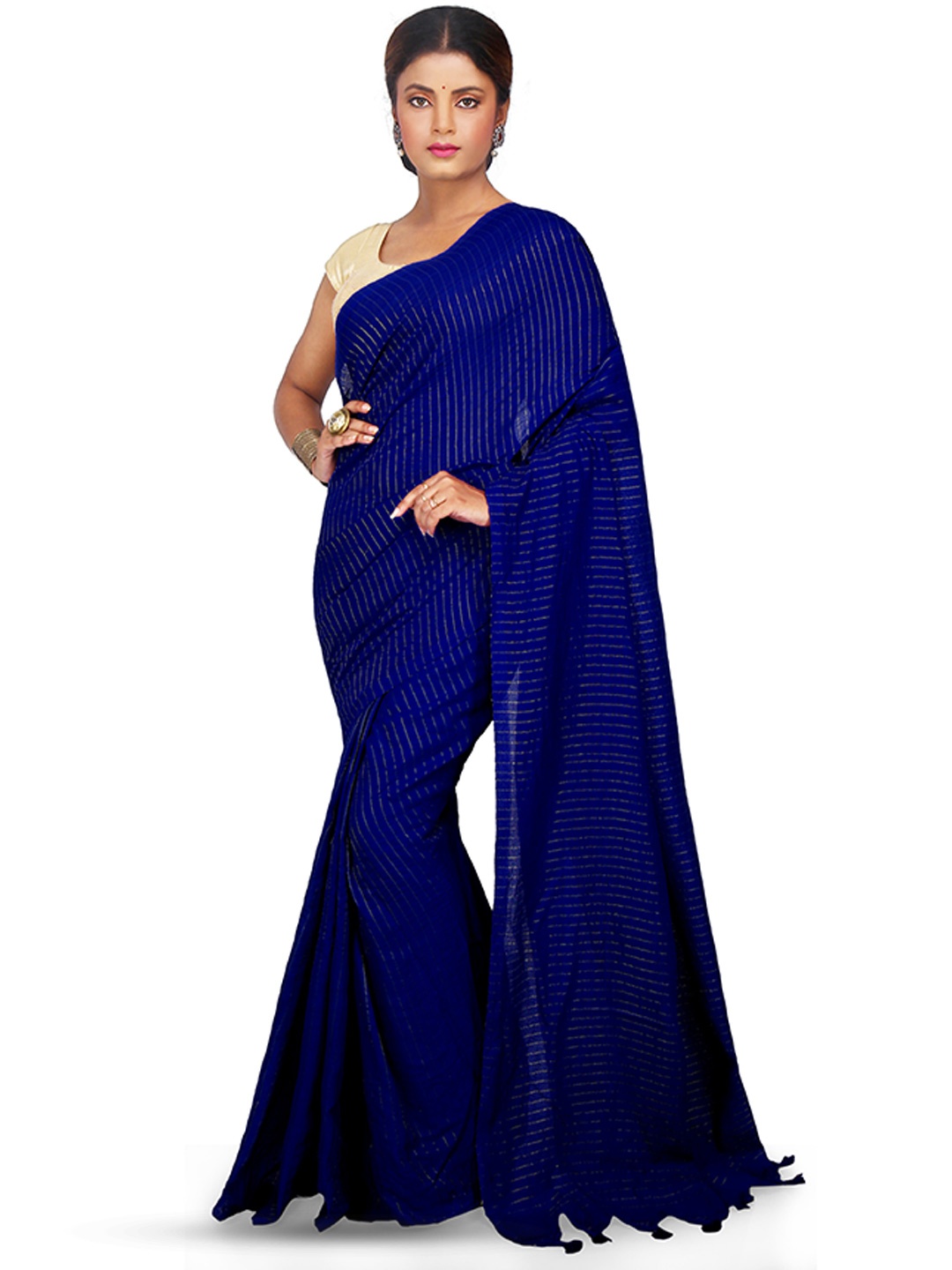 

BENGAL HANDLOOM Striped Woven Design Art Silk Taant Saree, Blue